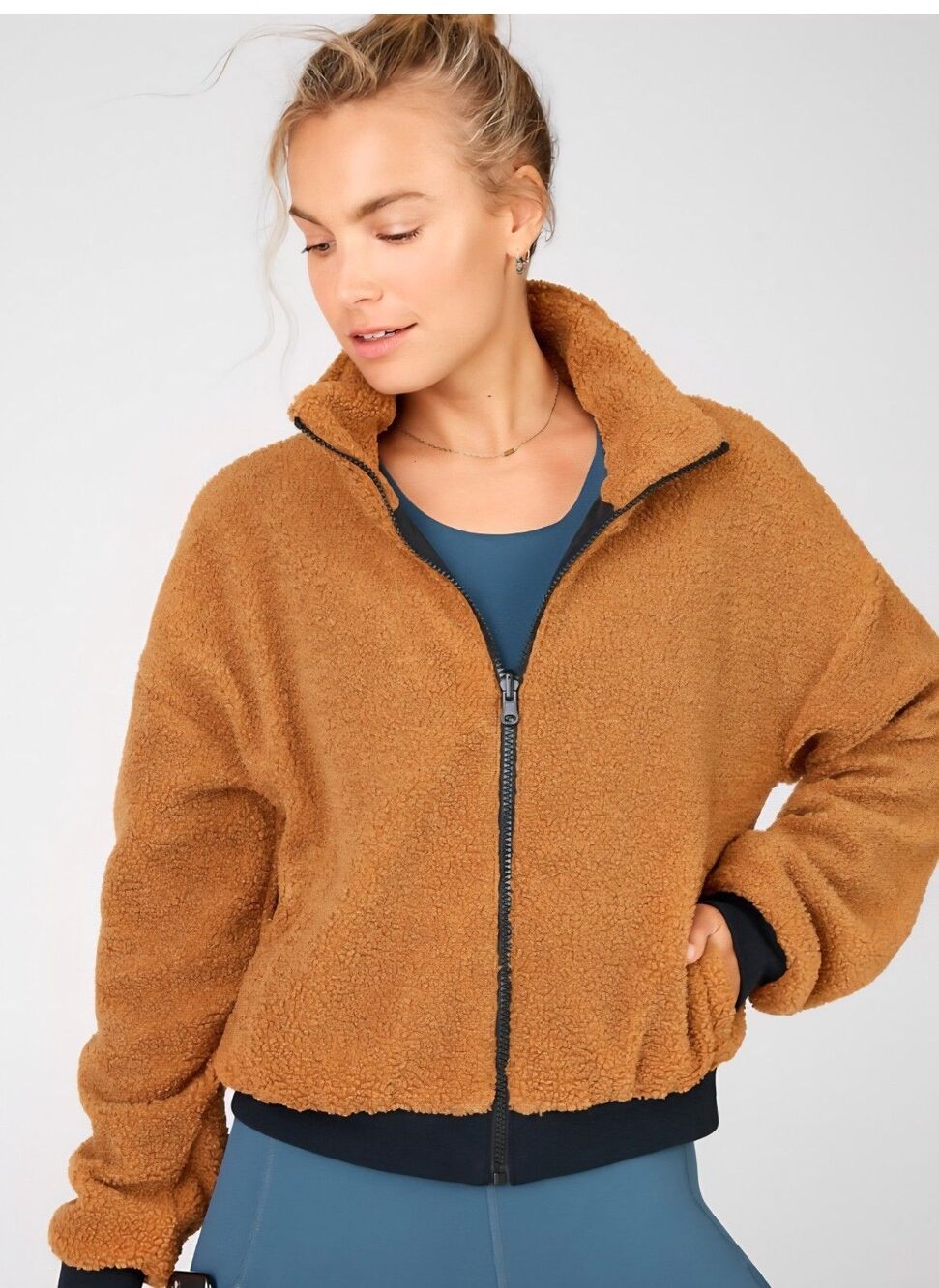 Fabletics Spencer Reversible Teddy Bear Jacket Womens Size M Sepia Black Pockets